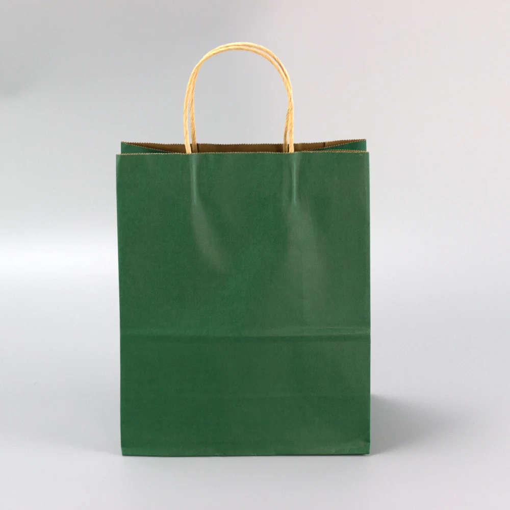 Recyclable Eco-Friendly Reinforced Handle Craft Paper Bag Custom Printed Logo Solid Durable Bottom Green Brown Kraft Paper Bag