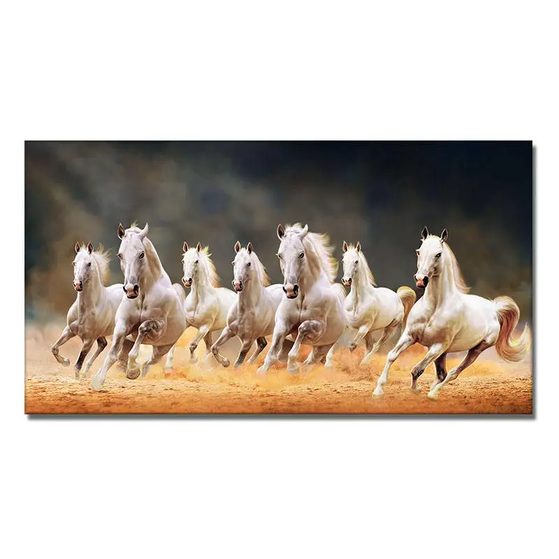 Wholesale seven running white horses animal canvas painting modern gold poster and decorative art crystal porcelain painting