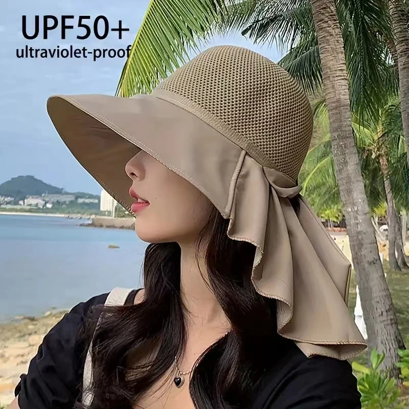 2024 New Knitted Hollow Out  Mesh Women Bucket HAT With Neck Flap Wide Brim UV Protection