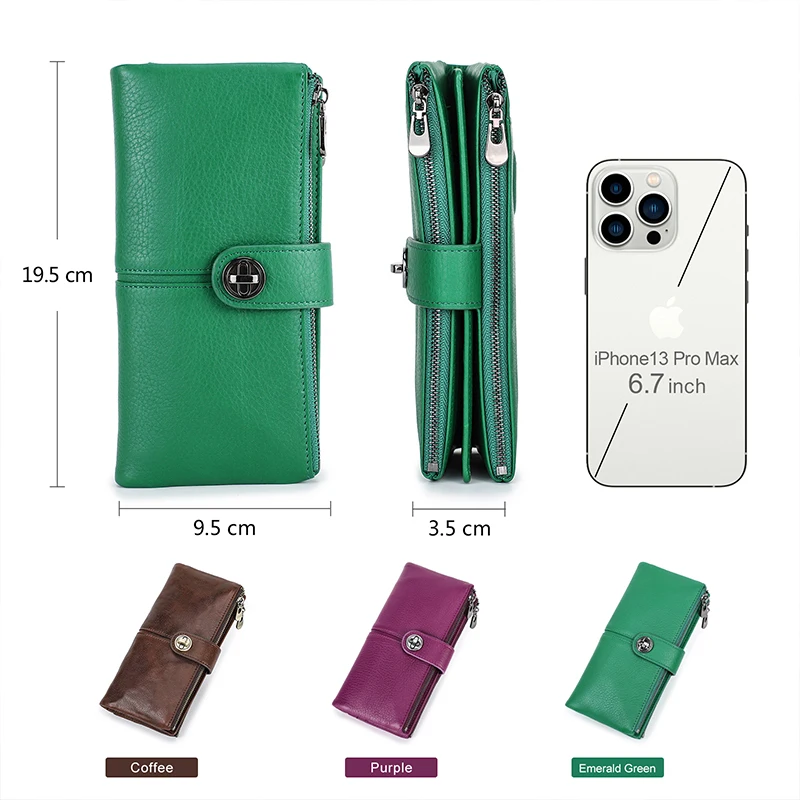Full Grain Leather Money Bag RFID Double Zipper Phone Purse Genuine Leather Large Capacity Long Wallet With Airtag Slot