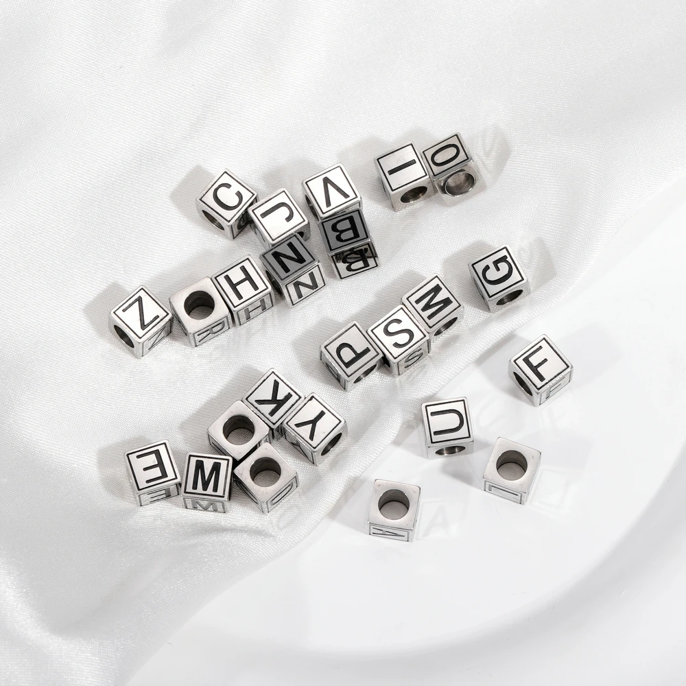 Stainless Steel High Polished Black Letter Square Cube Beaded Engraved Letter Alphabet Charm Beads For DIY Jewelry Accessories