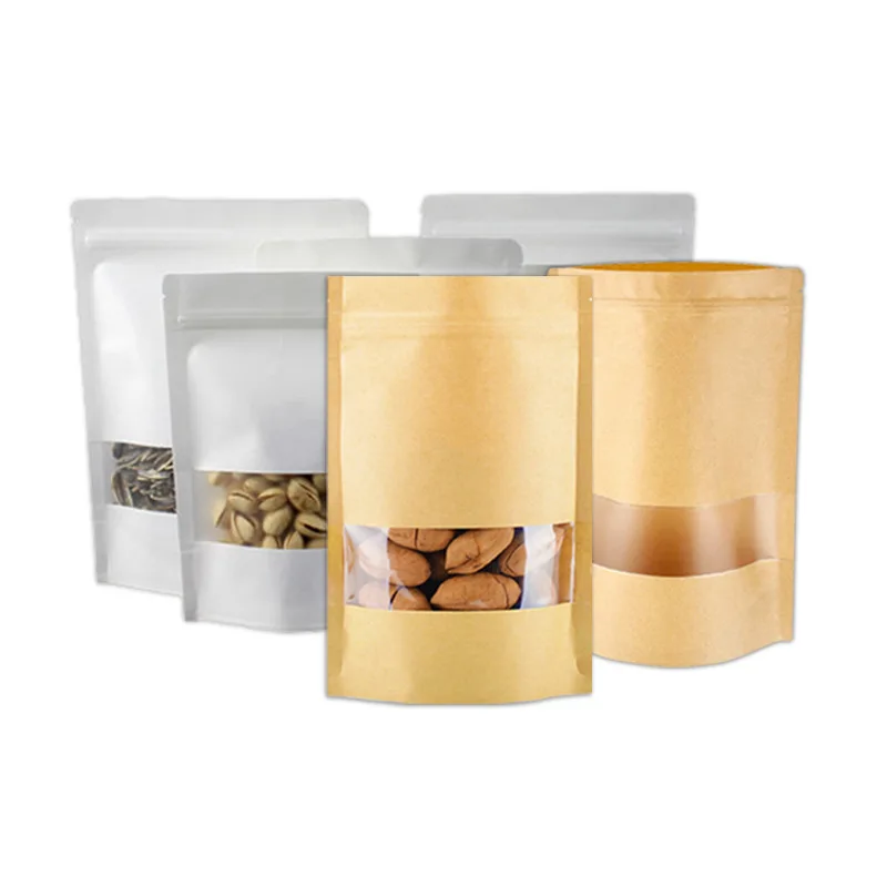 Custom Printed Ziplock Kraft Paper Food Packaging Bag Stand Up Pouch With Zipper And Window