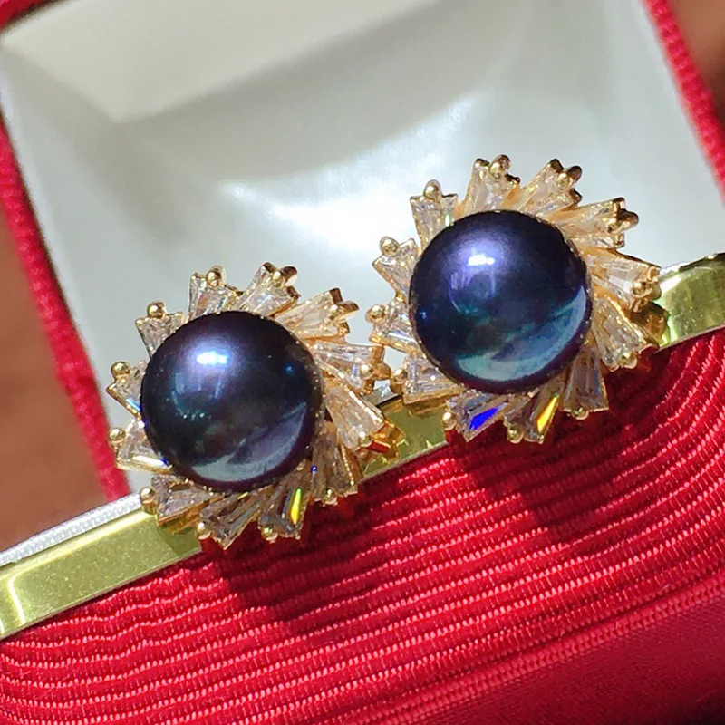 8-9mm Natural real freshwater Black Pearl bride jewelry White Zircon Classic Pearl Necklace Earrings Ring Set