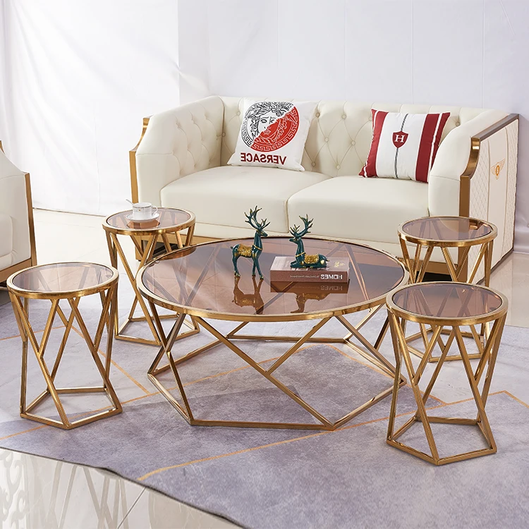 Modern Coffee Side Table Stainless Steel Tempered Glass Table Modern Accent Round Center Table