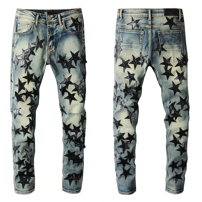 New Style  High Street high quality mens skinny star leather jeans men denim plus size pants & jeans