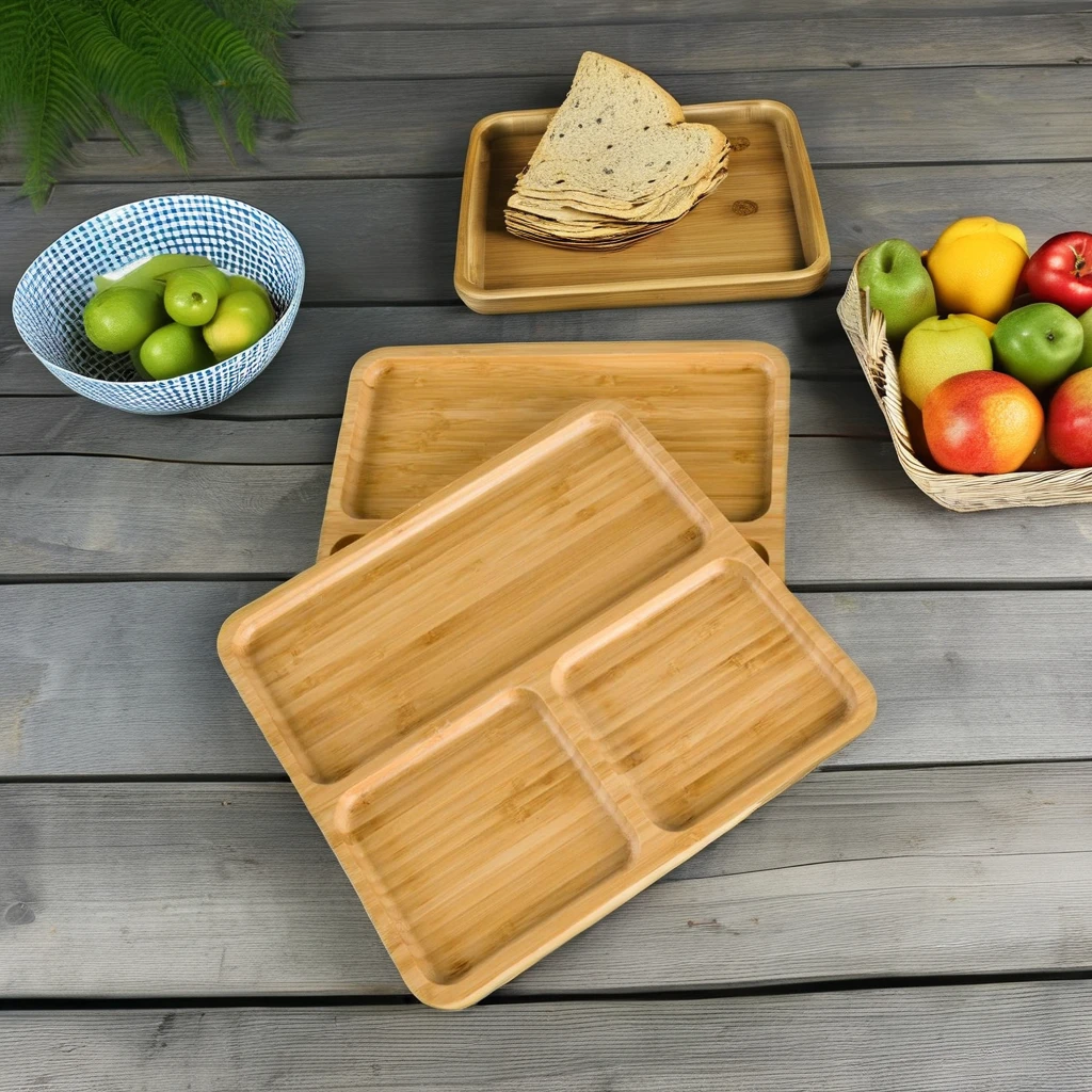 Bamboo Portion Plate 2 Pack Portion Plates for Adults Plates with Dividers Restaurant hotel use Vegetable and fruit dessert