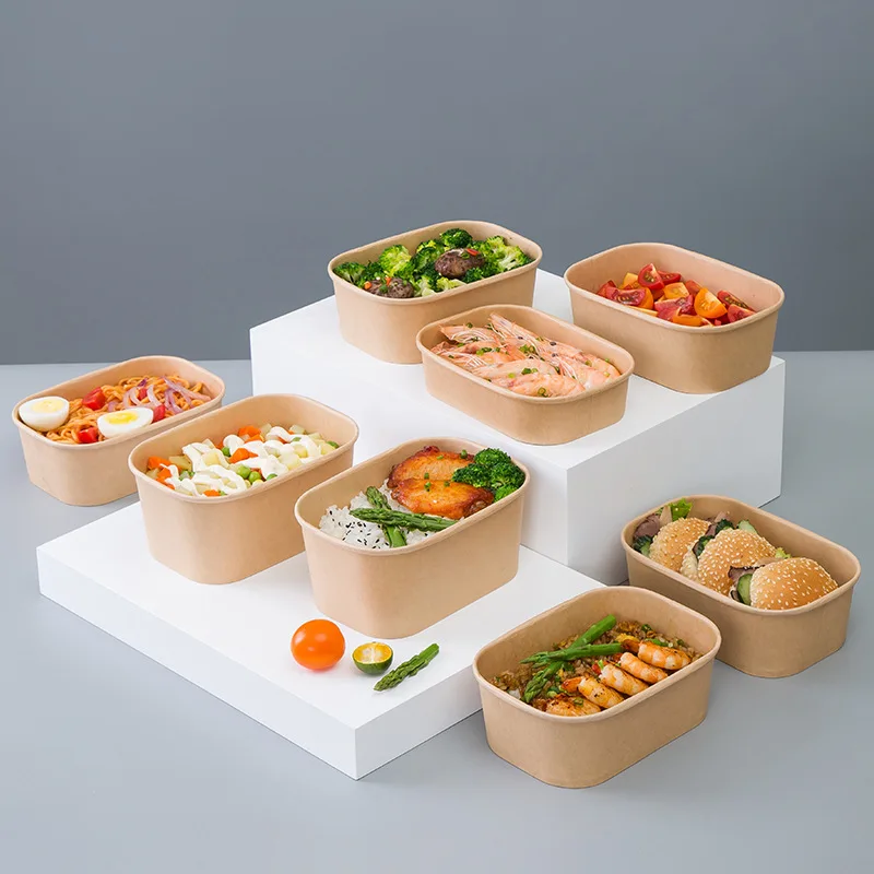 1000ml Printed Disposable Kraft Paper Bowl Takeaway Rectangle Paper Salad Bowl with Lid