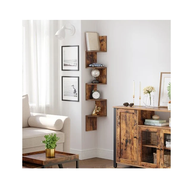 Rustic 5 Tier Wooden Zig Zag Corner Wall Shelf Floating Corner Bookshelf For Living Room