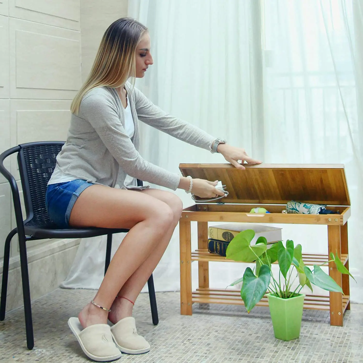 Bamboo Shoe-changing Stool Three-layer Shoe Rack, Shoe Storage Rack Living Room Furniture Home Stool & Ottoman Modern Carton Box