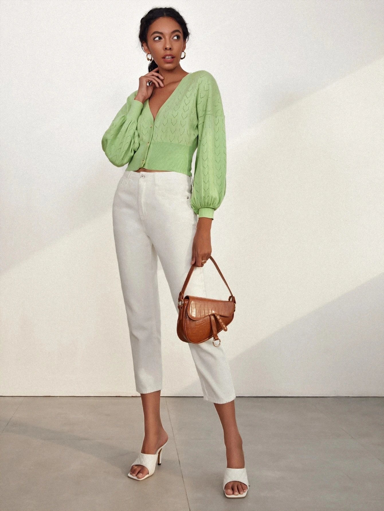 FYB 2021 New Design Summer Stylish Pointelle Long Sleeve V neck Womens Cool Knitted Cardigan Sweater