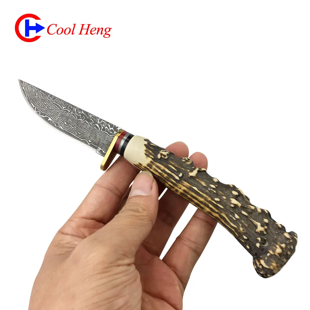 Wholesale CH1606 Damascus steel pattern+Simulated antlers handle Outdoor camping hunting knife Fixed edge knife