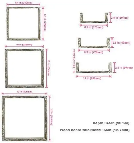 Floating Shelves Set of 6  Rustic Wood Wall Shelves with 3 Square Boxes and 3 Small U Shelves