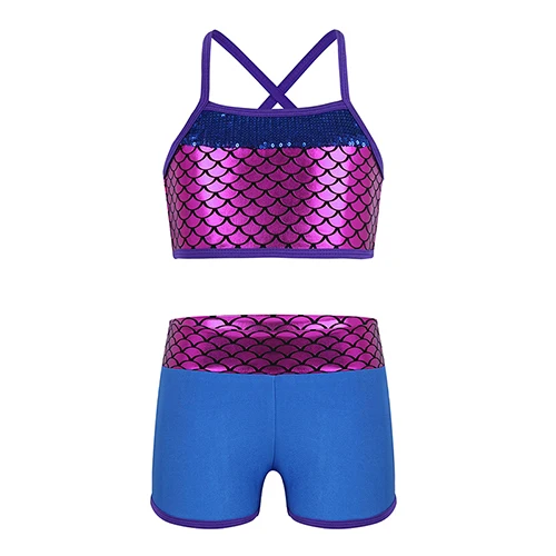 Kids Girl Tankini Suit Sequins Mermaid Scales Crop Top with Shorts Set for Gymnastics Leotard Workout Ballet Party Dance Wear