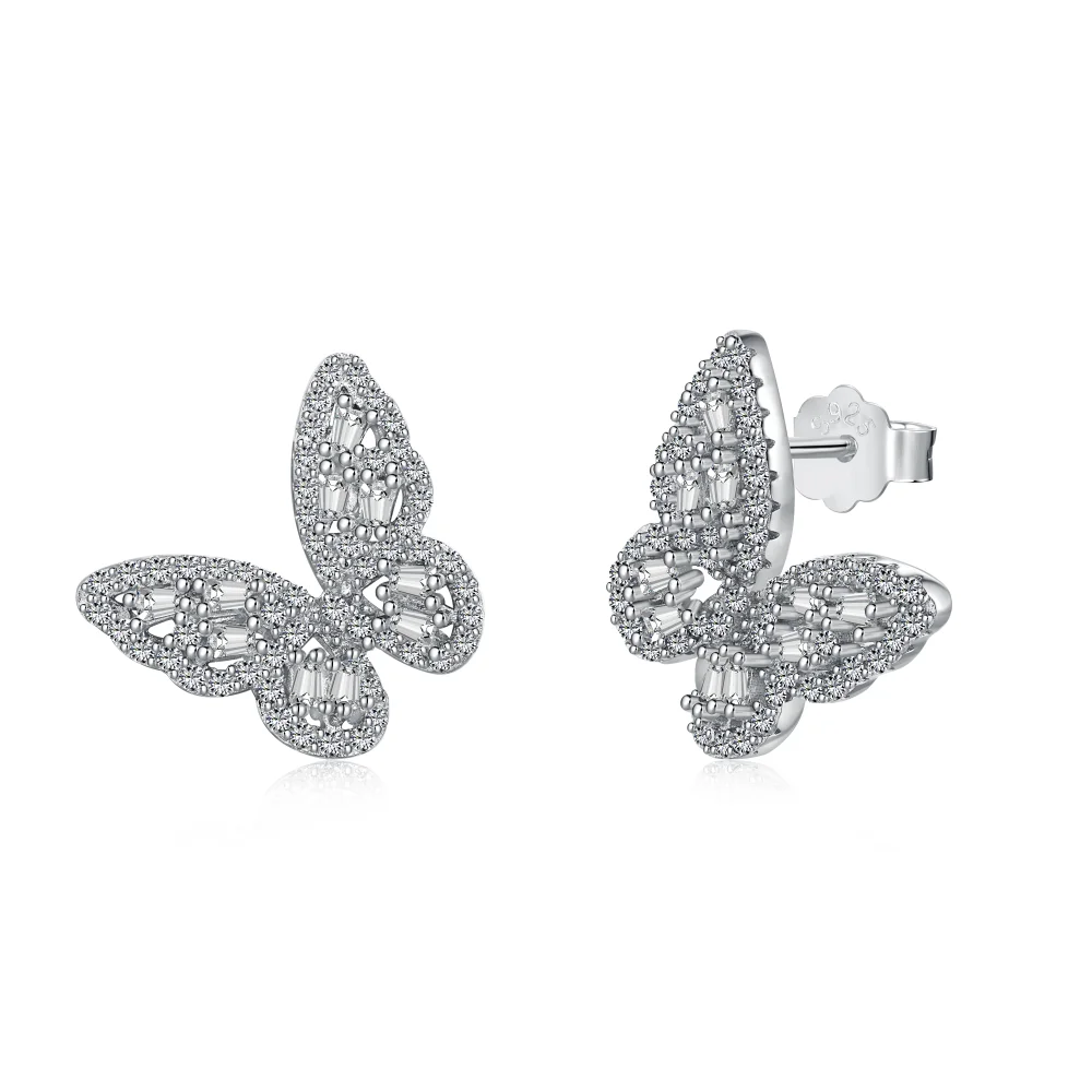 Dylam Stylish Tine Design 925 Sterling Silver Rhodium Plated 5A Cubic Zirconia Diamond Butterfly Shape Stud Earrings for Women