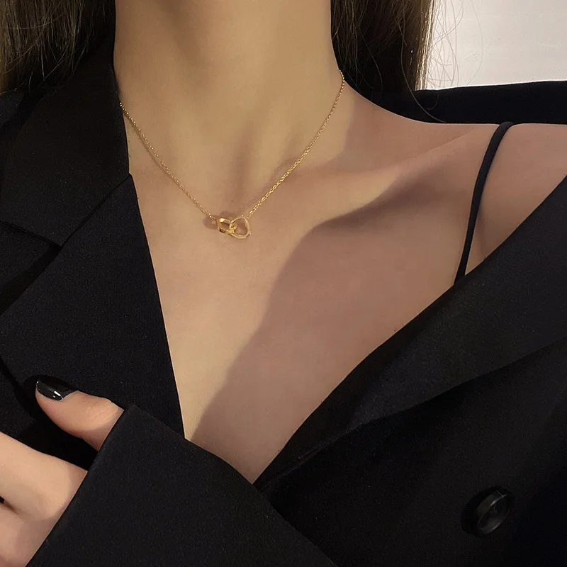 Wholesale 18k Rose Gold Plated Heart Double Loop Chain Fashion Collarbone Chain Stainless Steel Jewelry for Women