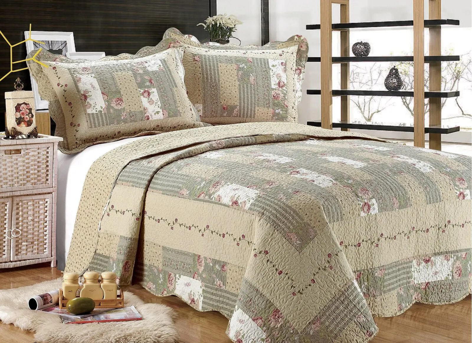 3PC Home Quilt Set Queen Size Lightweight Microfiber Coverlet Modern Style  Pattern Bedspread Set