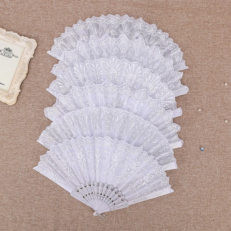 Hot Sale Fashion Foldable Cloth PS Hot Stamping Plastic Bone Handfan Nice Sex Lace Hand Fan for Wedding Gift