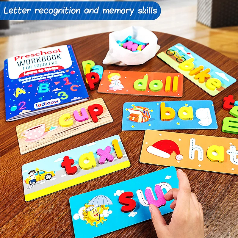 2022 Hot on Amazon Wooden spelling word game English learning flash card  English teaching aids for children to learn