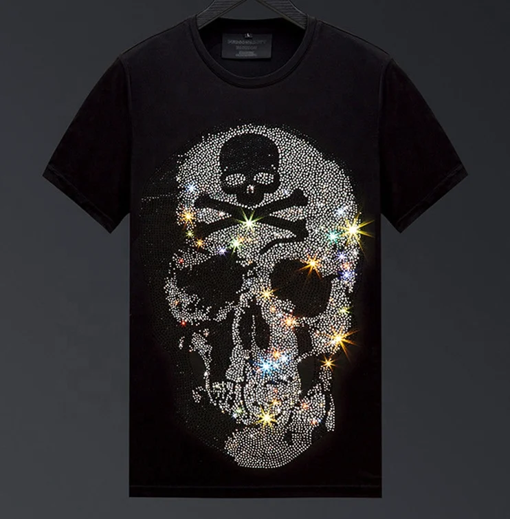 Custom logo streetwear plain t-shirts men casual fashion designer round neck tee oversized skull rhinestone t shirt for men