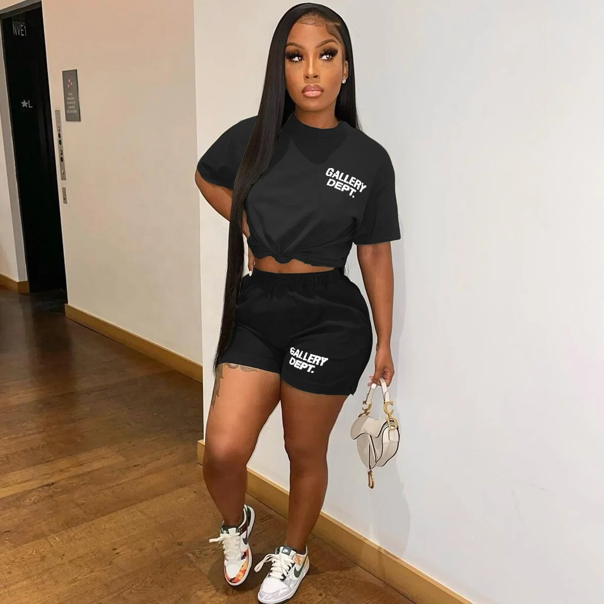 Trendy Summer Women Short Outfit Letter Print Crop Top Cotton T Shirt And Shorts Matching Casual Two Piece Shorts Set Women