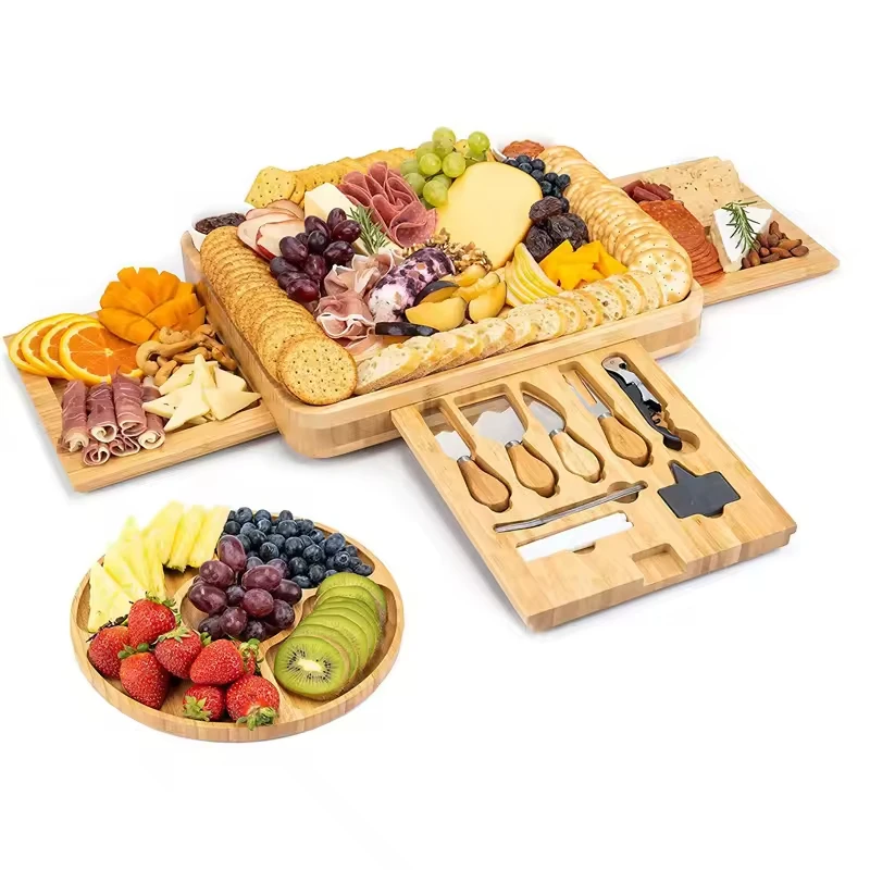 Simple Bamboo Cheese and Meat Board with Cutting Knives Drawer for Serving Charcuterie Board and Utensils Tray