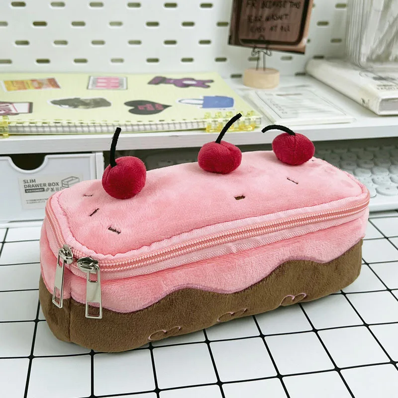 Cute plush cherry cake pen bag Student stationery bag Girl makeup bag pencil case