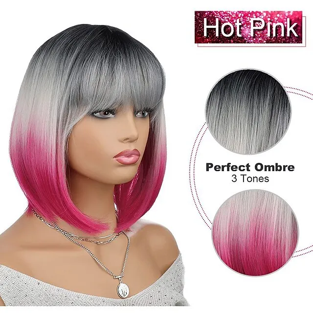 Wholesale Wigs Women Bangs BOB Black Gray Purple Colors Gradient Synthetic  High Temperature Wire Wig Headgear Wigs