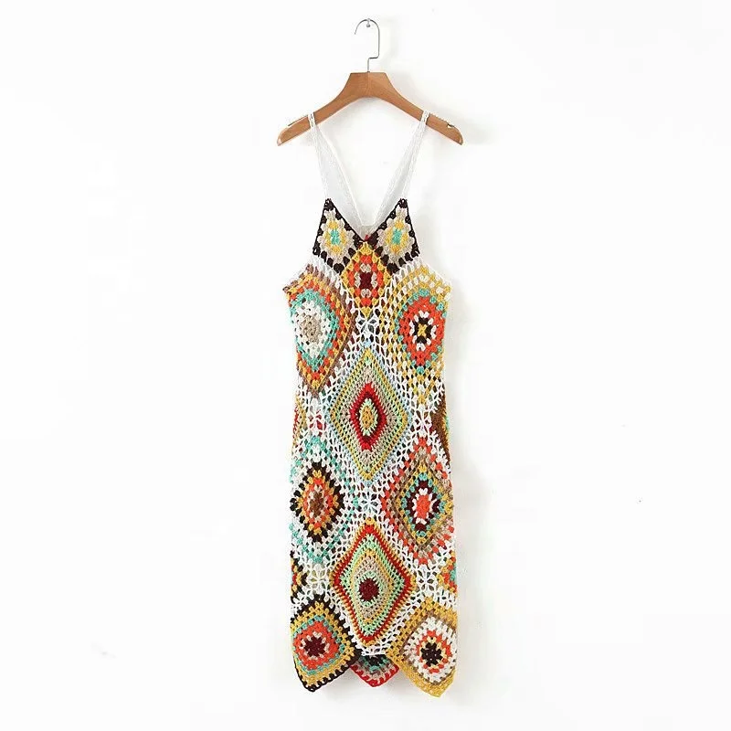 
Summer Holiday Muliti Color Plaid V Neck Hand Crocheted Long Slip Dresses For Women 