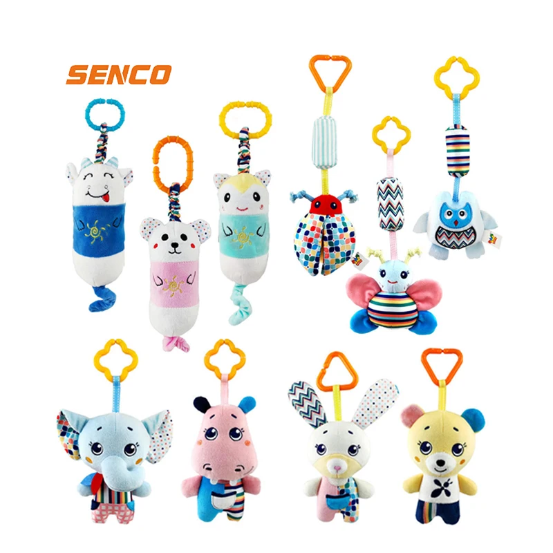 Baby Teether Rattle Hanging Plush Toy Colorful Soft Infant Rattle and Teether Toy Plush Animal Bed Hanging Baby Rattles Toy