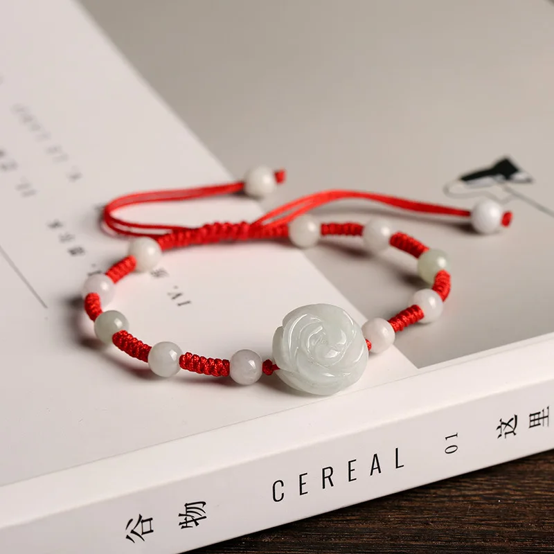 Natural Emerald Jade Bracelet Natural Emerald Rose Carved Parts DIY Hand Weaving Bracelet Ornament