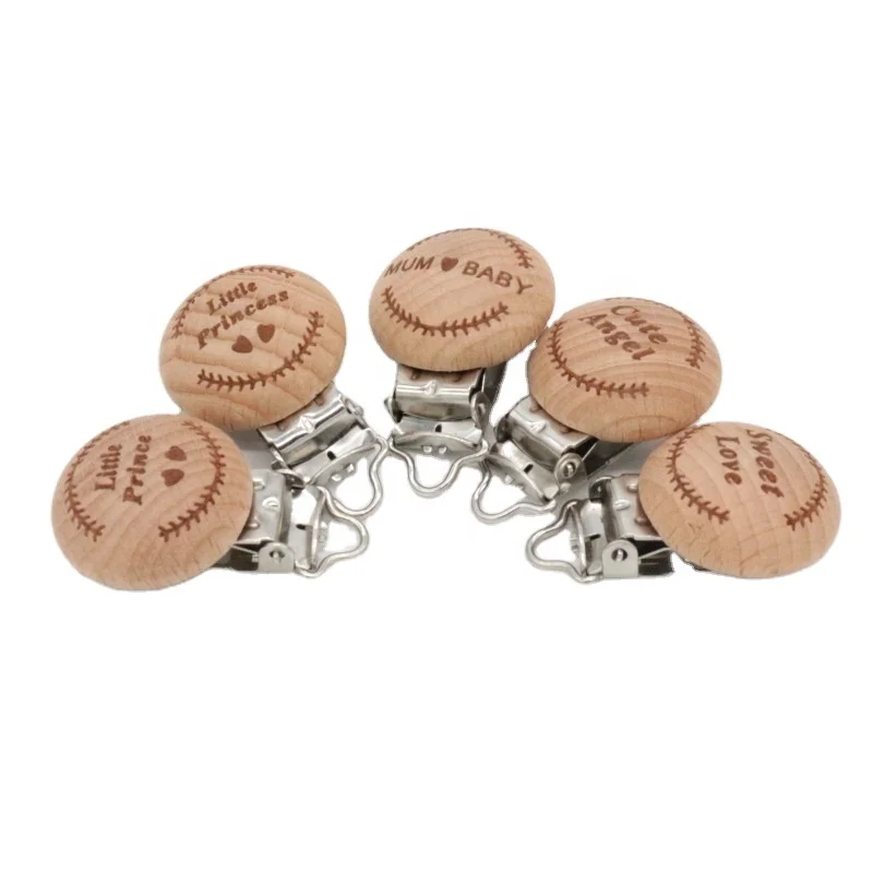 Natural Wooden Round Baby Teething baby Teether Chew Toy Pacifier Soother Metal Clip With Printing Words For DIY