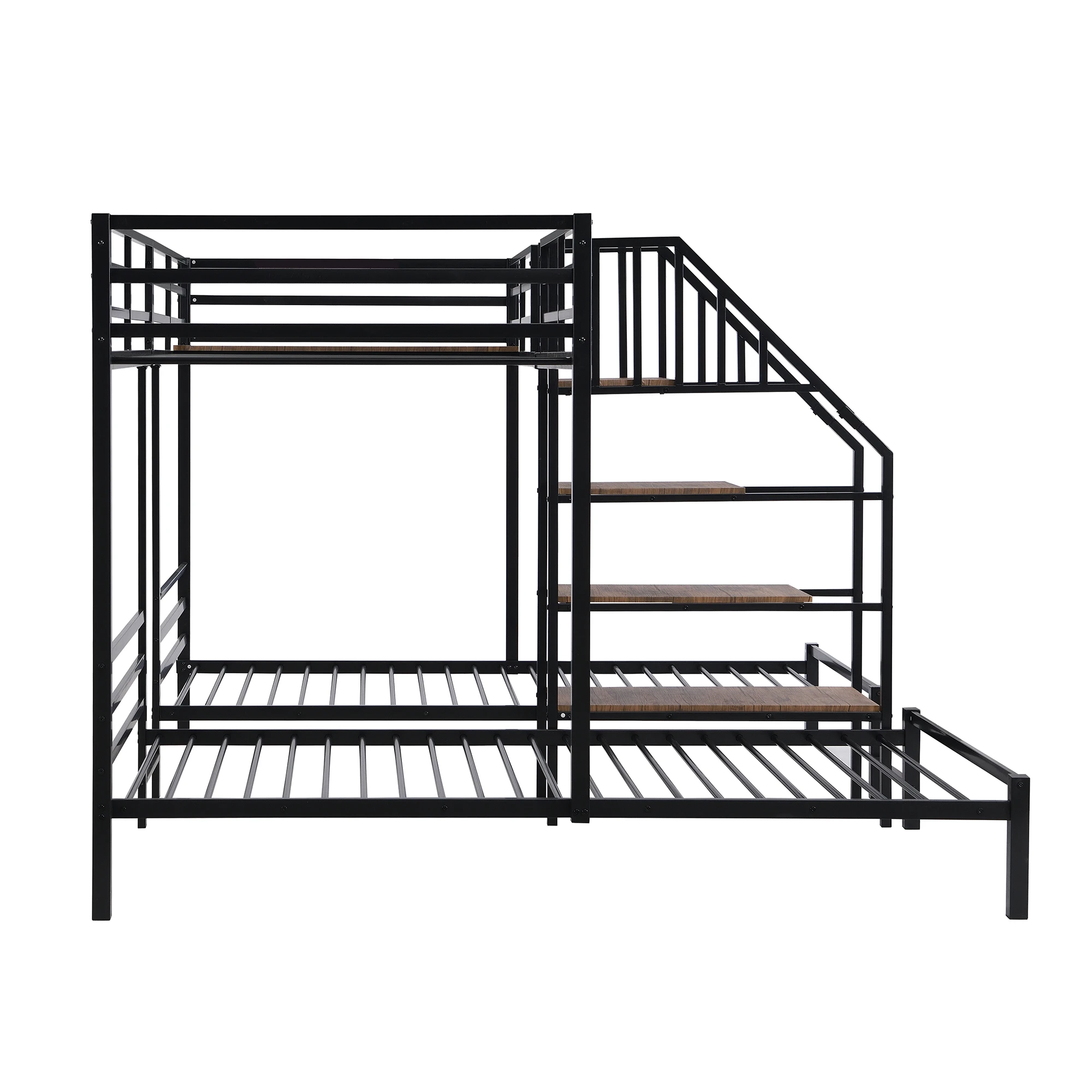 Twin Metal Bunk Bed Triple Bunk Bed Frame with Storage Shelves Staircase