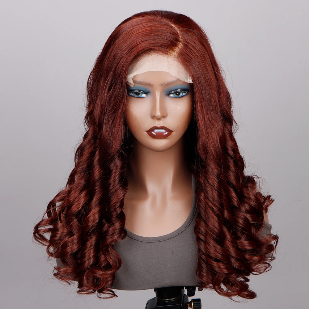 Fashion Cheap Remy Hair Red Brown Color Bouncy Curl Indian Human Hair Wigs 4x4 Lace Closure Wigs for Black Woman