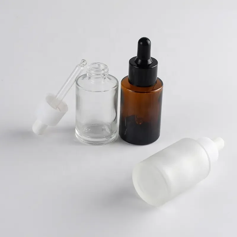 Fancy Beauty 20ml 30ml 50ml 60ml 80ml 100ml flat shoulder essential oil serum frosted clear glass dropper bottle with pipette