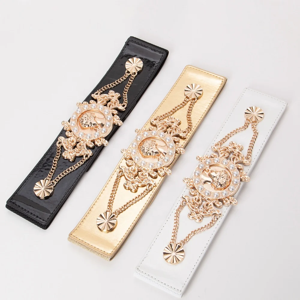 Pearl beauty head metal belt ladies all fashion coat shirt waist elastic elastic waist seal