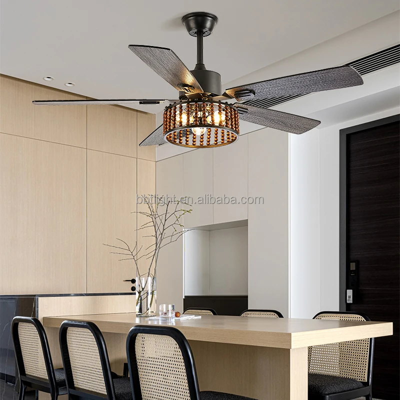 European style big wind fan light wooden leaf retro home with light remote control inverter ceiling fan