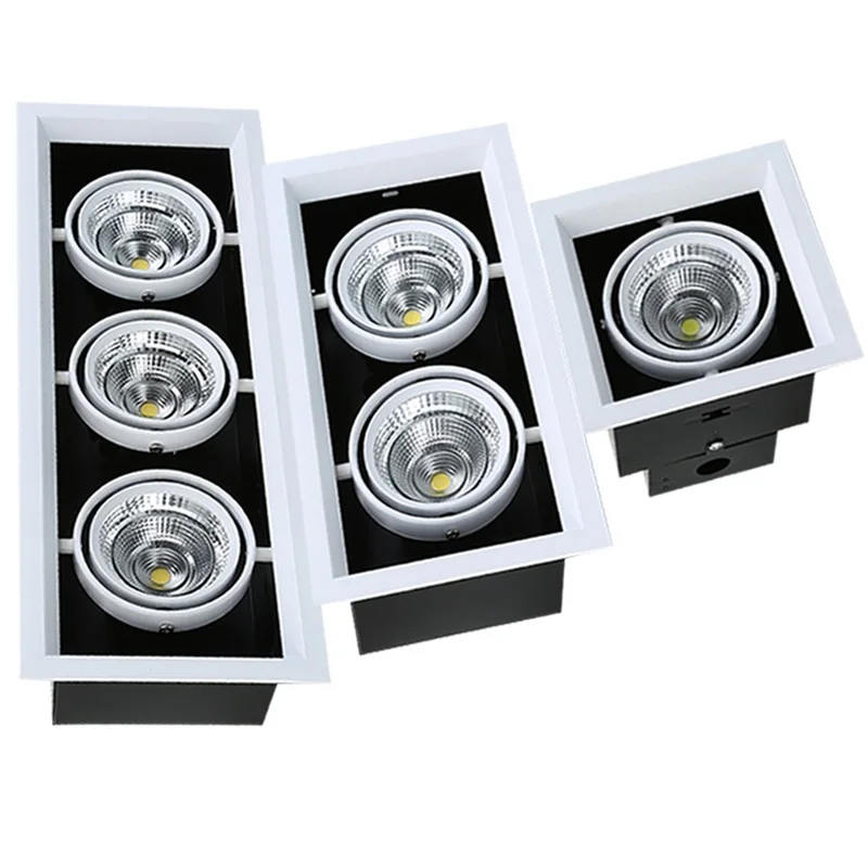Square recessed downlights single twin triple multiple heads adjustable trimless grille lights COB dimmable led downlight