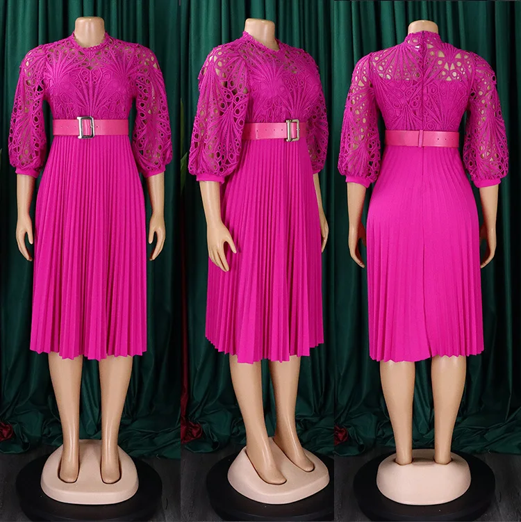 Summer Large Size Women Sexy Hollow Pleated High Waist Dress Elegant Gold Shoulder Evening Wedding Outfit Lace Party Dresses