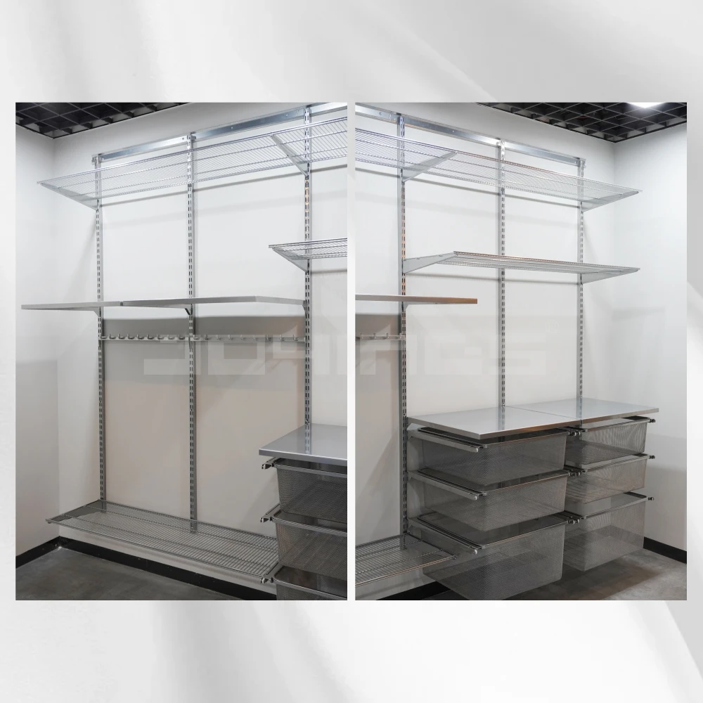 Wall Mounted Wire Closet Shelving For Fitness Room With Metal Workshop Table Shelf