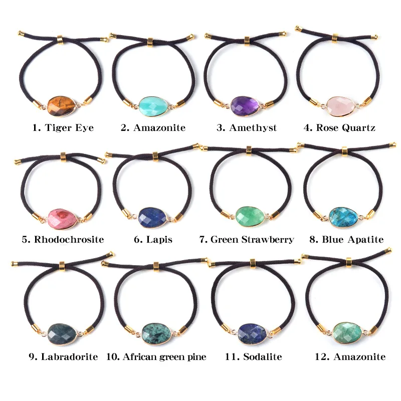 summer collection double side faceted natural stone oval gold Charm Adjustable  handmade bracelet for kids girl woman and man