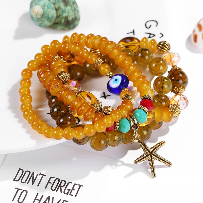 4Pcs/set Women Girl Elastic Starfish Evil Eyes Beads Bracelets Bohemian Ocean Style Resin Natural Stone