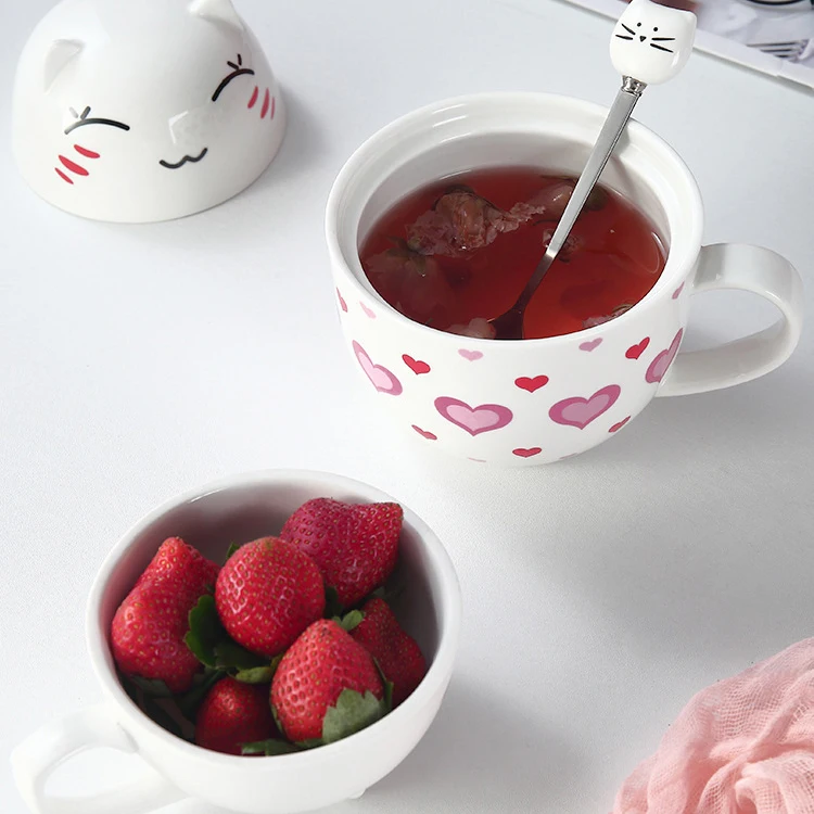 
Ins Creative Cartoon Cat Ceramic Cup Mug Simple Couple Drinking Breakfast Coffee Cup with Lid 