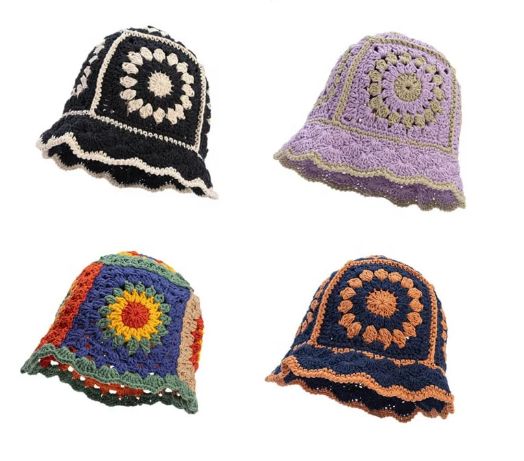 Fashion Fall Winter Wholesale Cotton Acrylic Custom Flowers Design Multi Color Hand Knit Crocheted Bucket Hat