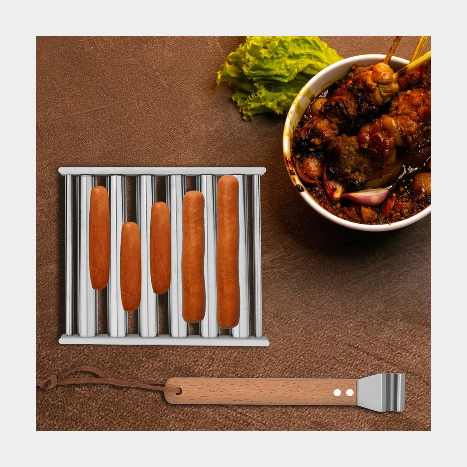 Camping Mini Portable Stainless Steel Hot Dog Sausage Roller With Wood Handle For Grill Bbq Accessories Rack Steamer