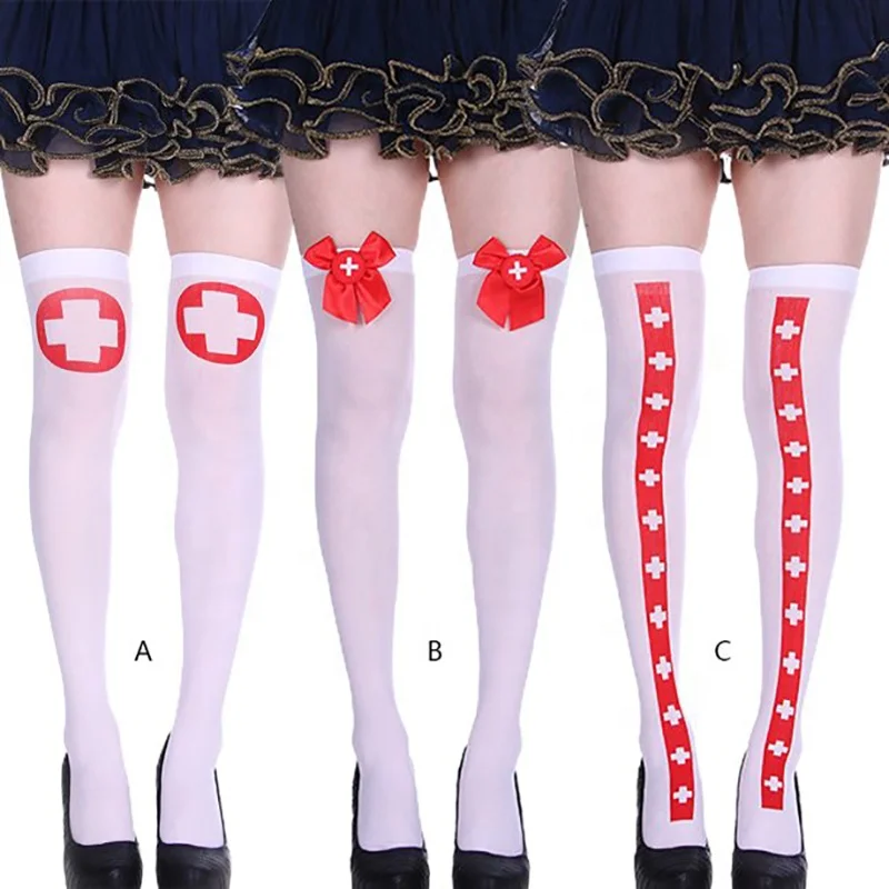 Halloween Stockings Cosplay Stockings Women Soft Knee Socks White Red Cross Bow Nurse Cosplay Socks