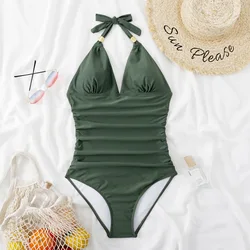 2023 Custom Wholesale Price Women Swimwear One Piece Swimsuit Leopard Halter V-neck Backless Swimwear