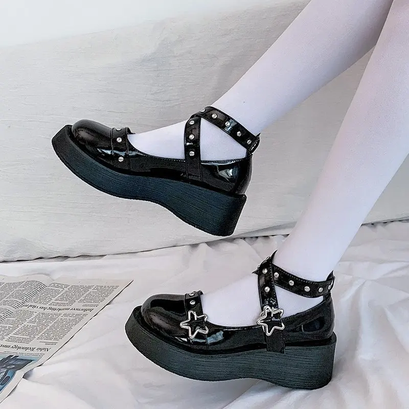 Fashion Plus Size 43 Lolita Shoes Buckle Strap Women Girls Cross-tied Pu Leather Rivet Casual Dress JK