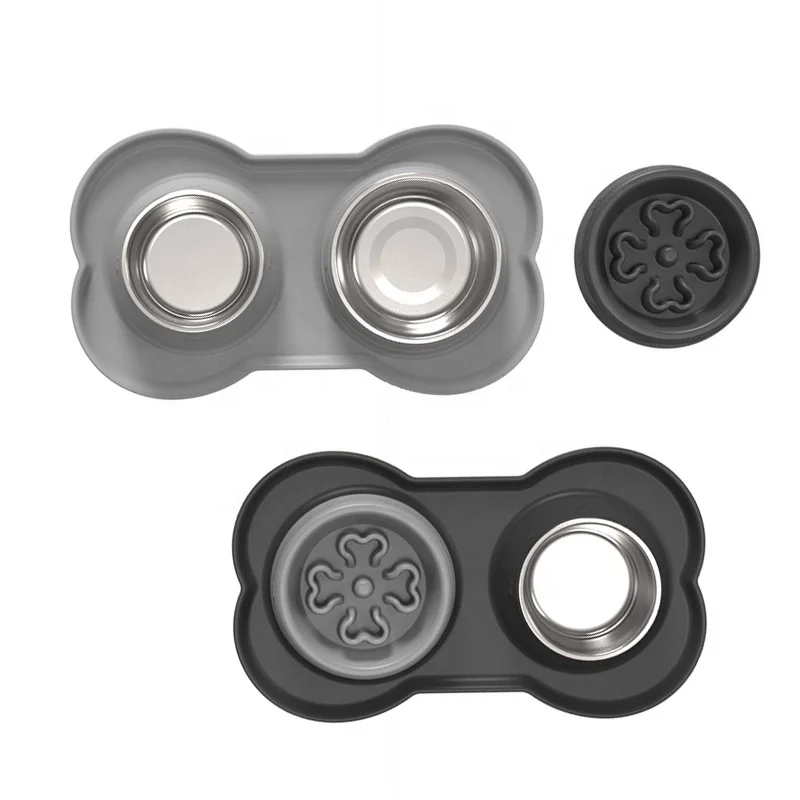 Slow Feeder Dog Bowls Stainless Steel  Food and Water Bowls with No-Spill Silicone Mat Slow Down Eating Pet Bowl