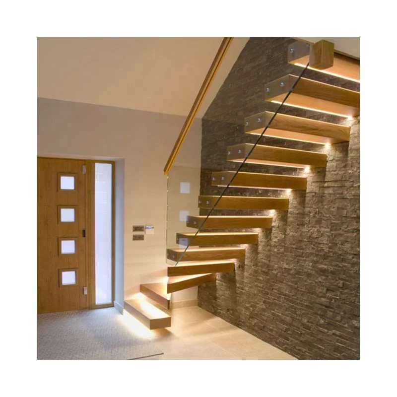 ACE Customized  Indoor floating Staircase Design for Houses Modern Carbon Steel Mono Beam Oak Wood Tread Stairs