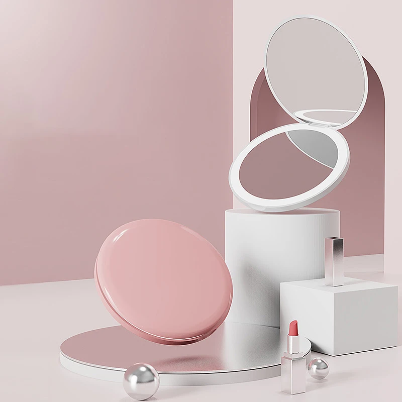 Wholesale Travel Portable LED Mirror Double Sides Foldable Cosmetic Compact Mirrors Custom Logo Hand Mirror With Led Light